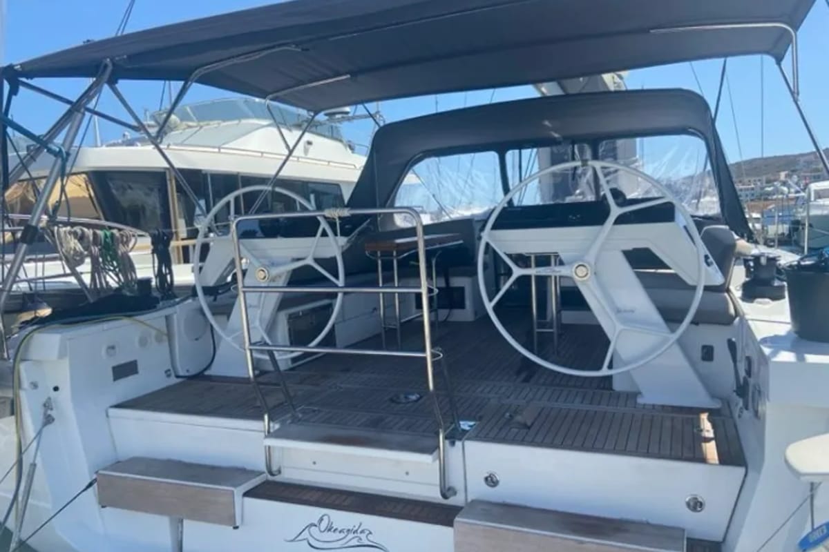 Cockpit of Okeanida, a Hanse Yachts Hanse 460 sailboat at Lavreotiki Municipal Unit, Greece