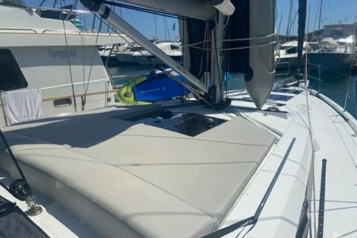 Deck of Okeanida, a Hanse Yachts Hanse 460 sailboat at Lavreotiki Municipal Unit, Greece