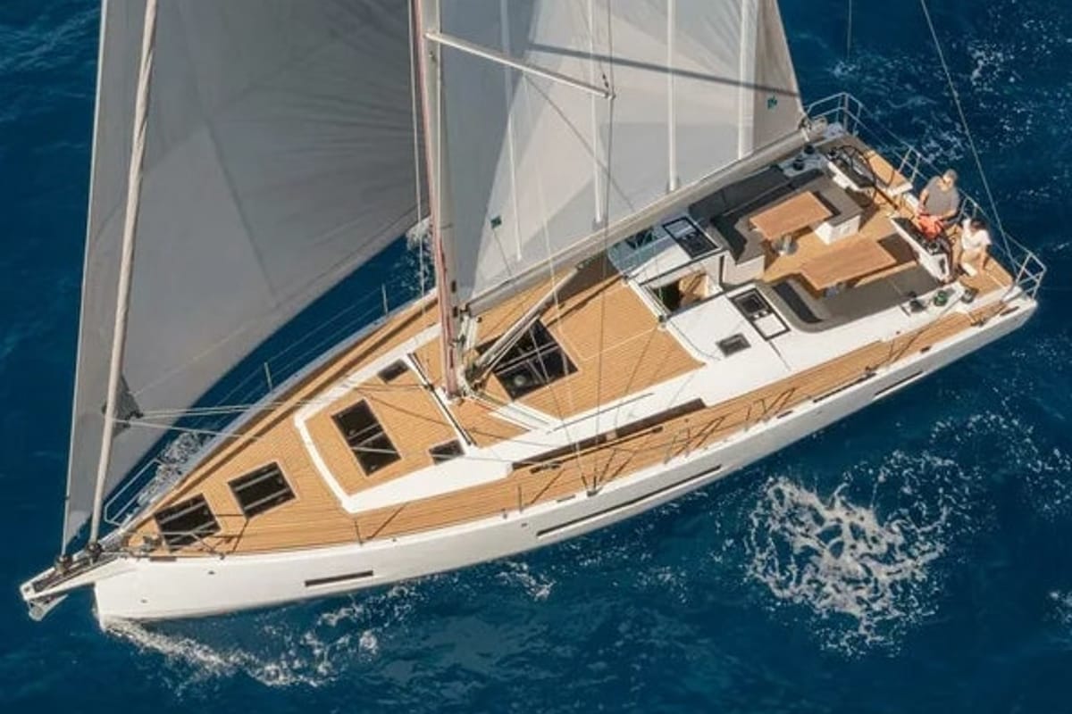 Exterior view of Okeanida, a Hanse Yachts Hanse 460 sailboat at Lavreotiki Municipal Unit, Greece