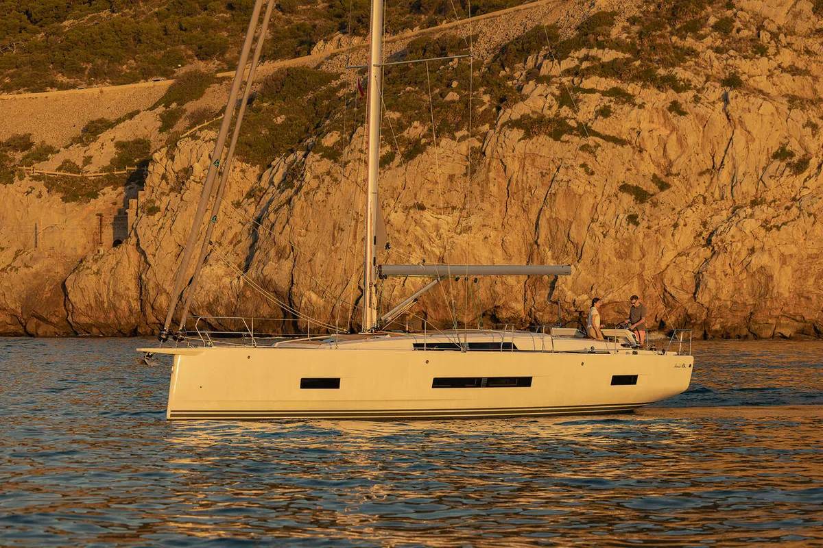 Exterior view of Okeanida, a Hanse Yachts Hanse 460 sailboat at Lavreotiki Municipal Unit, Greece