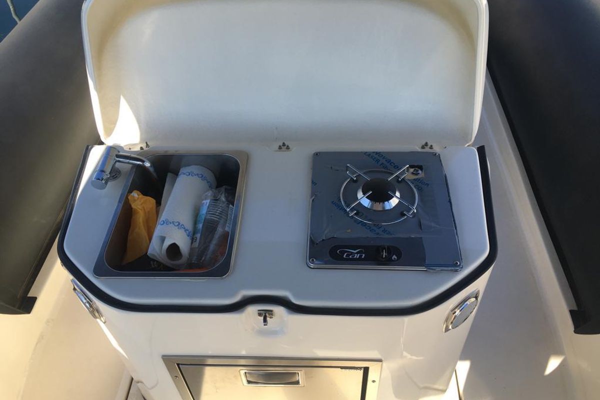 Galley of Nuova Jolly Prince 25, a Nuova Jolly Marine Nuova Jolly Prince 25 rib at Grad Biograd na Moru, Croatia