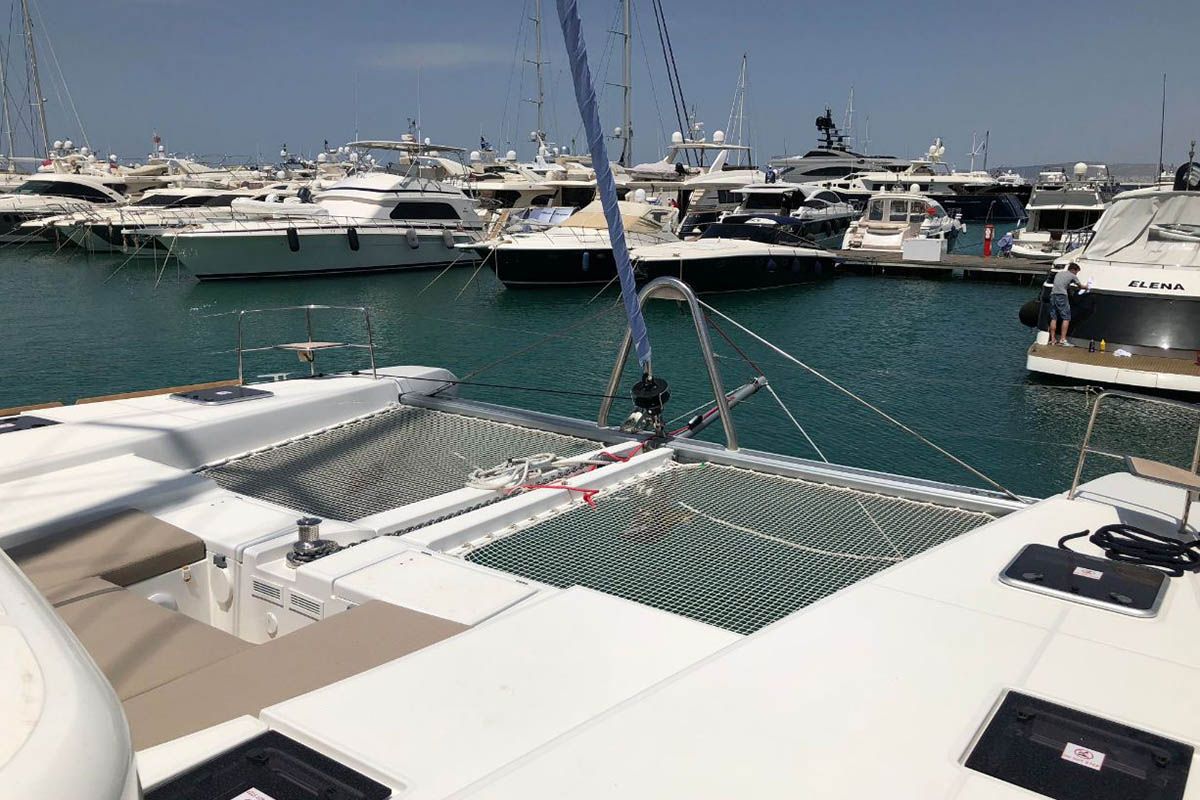 Deck of Smajla 2 Sweden, a Lagoon 52 F catamaran at Athens, Greece