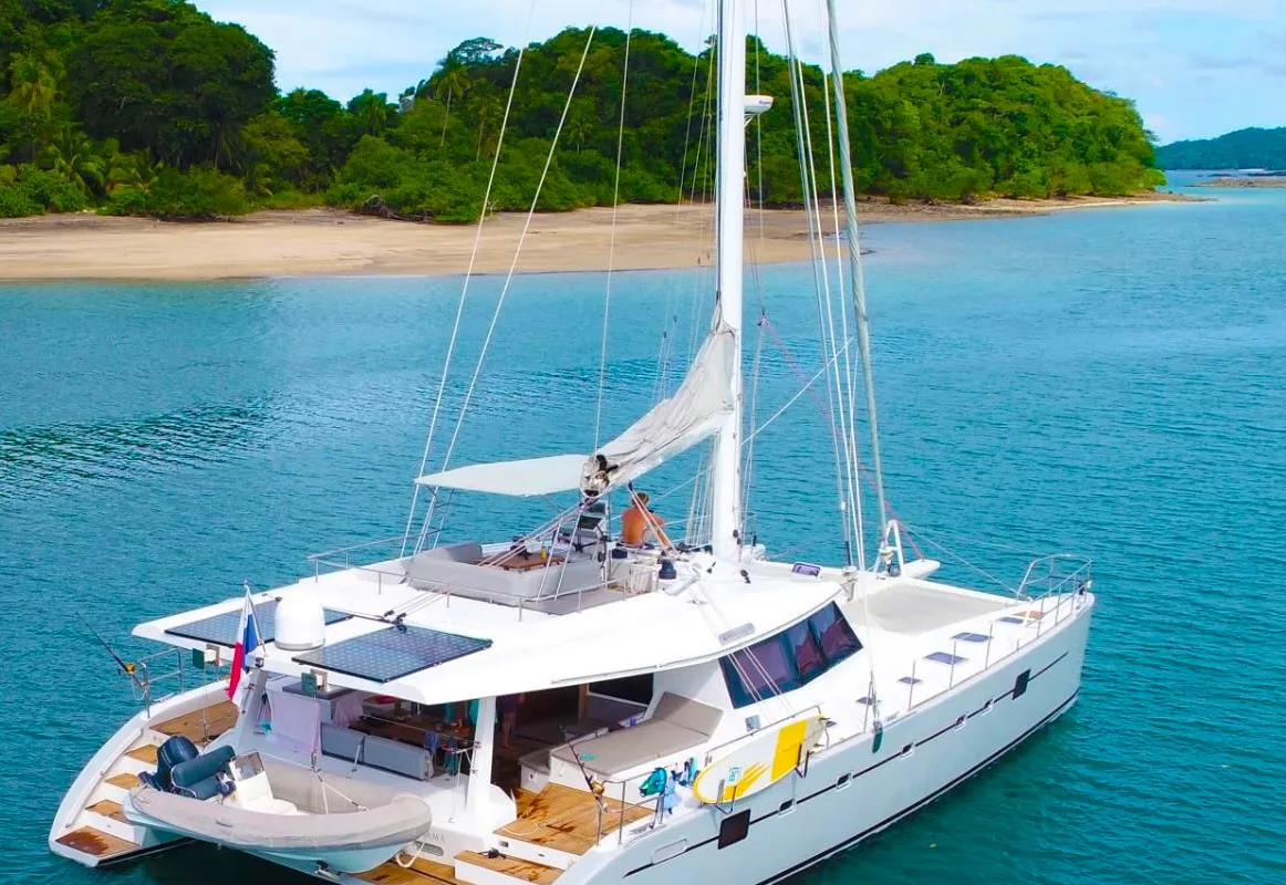 Exterior view of Marea, a Sunreef Yachts Sunreef 62 catamaran at Isla Aguja Cabins San Blas, Panama