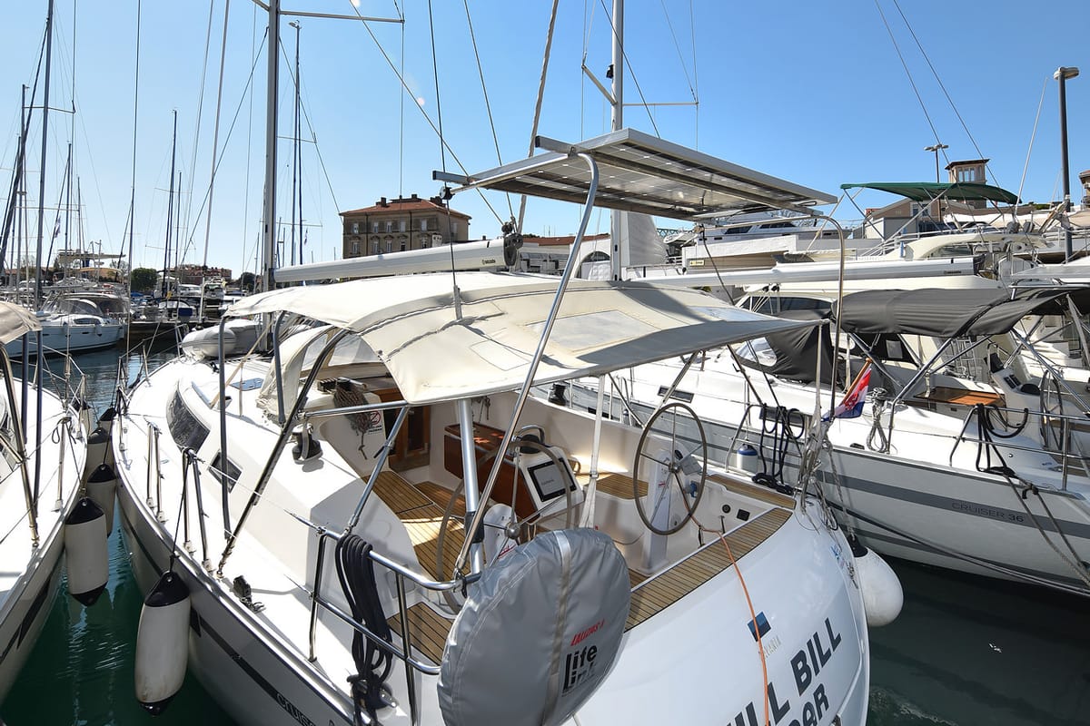 Exterior view of Chill Bill, a Bavaria Cruiser 41 sailboat at Zadar, Croatia