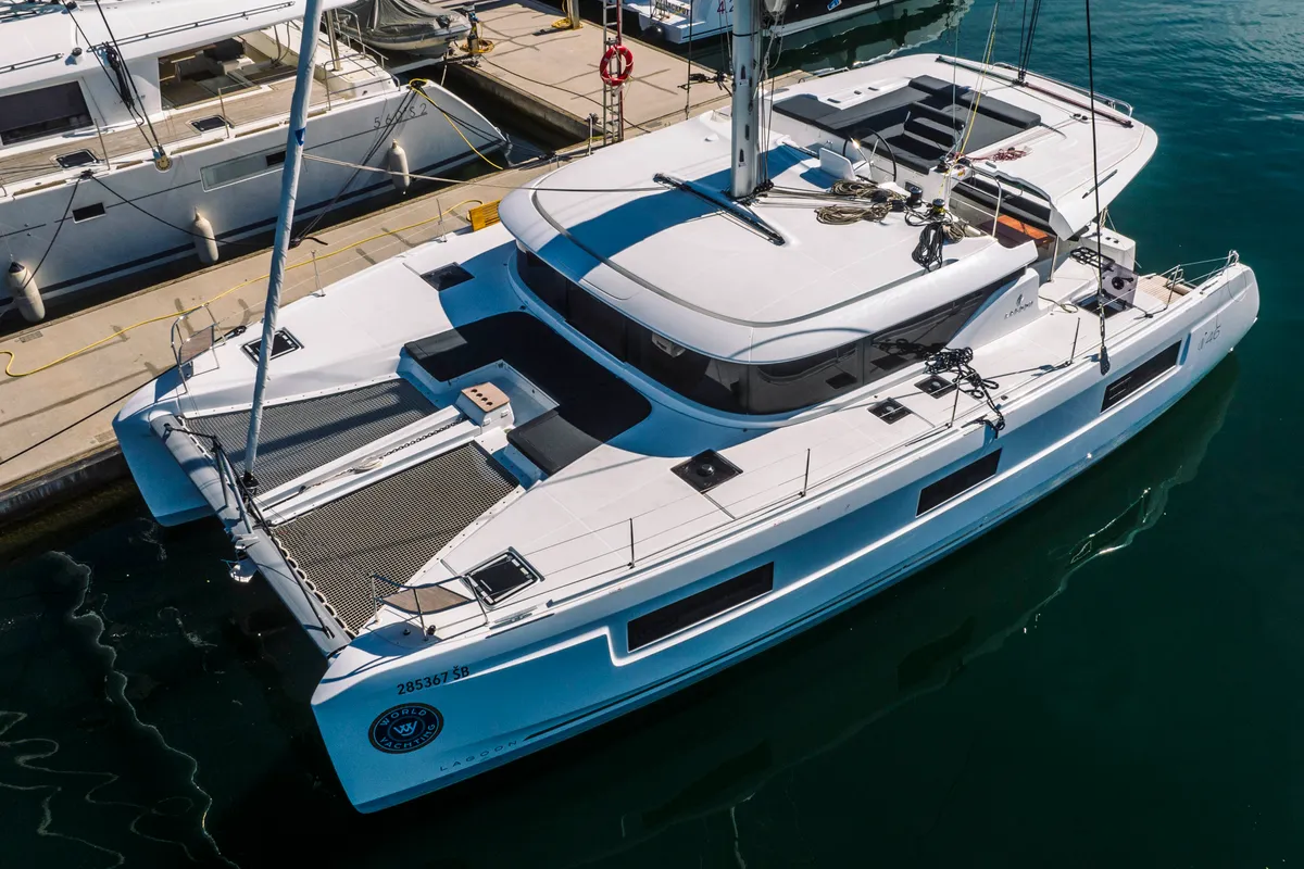 Exterior view of Poseidon, a Lagoon 46 catamaran at Grad Šibenik, Croatia