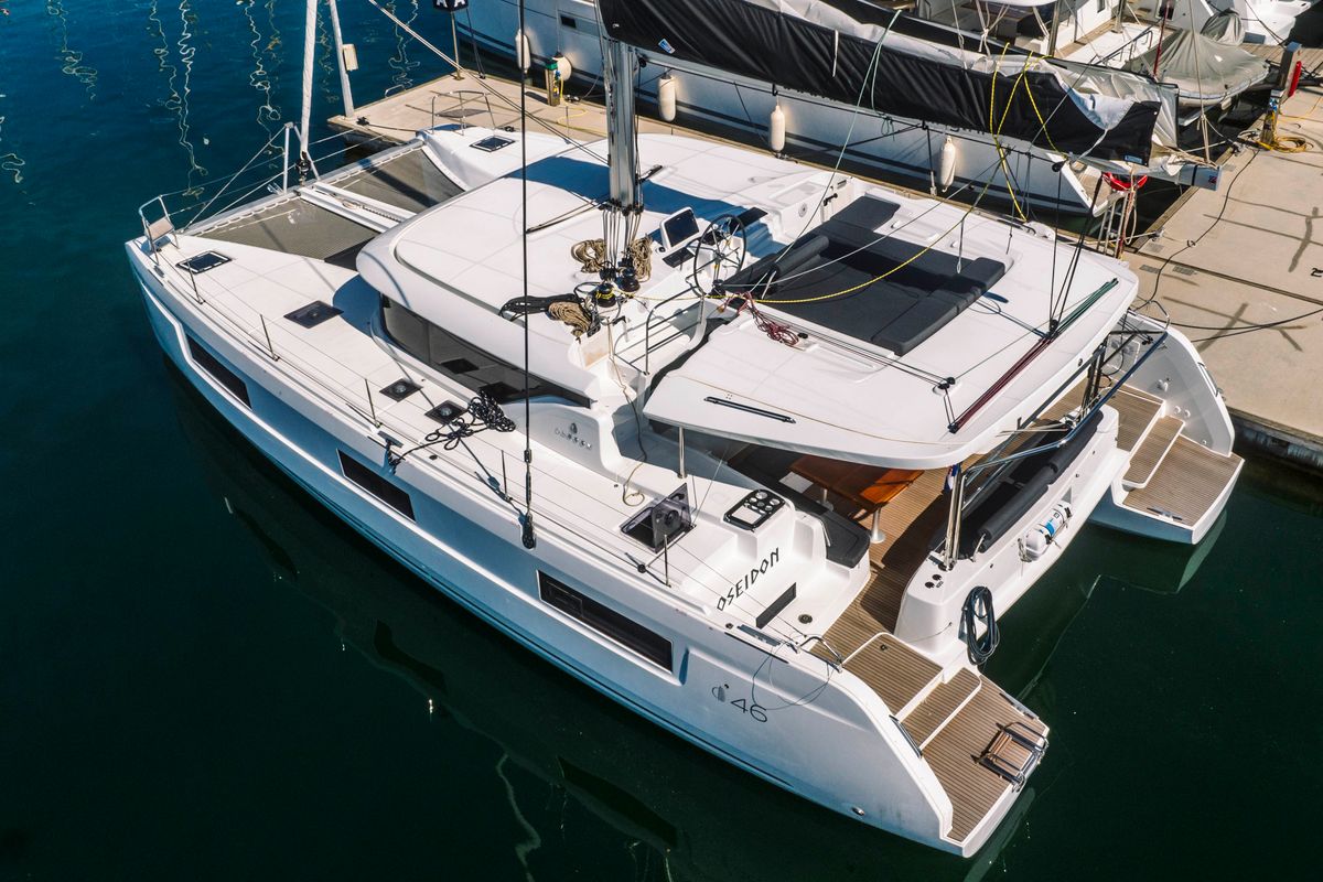 Exterior view of Poseidon, a Lagoon 46 catamaran at Grad Šibenik, Croatia