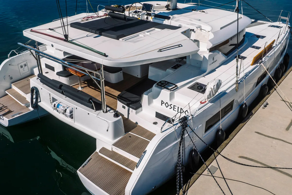 Exterior view of Poseidon, a Lagoon 46 catamaran at Grad Šibenik, Croatia