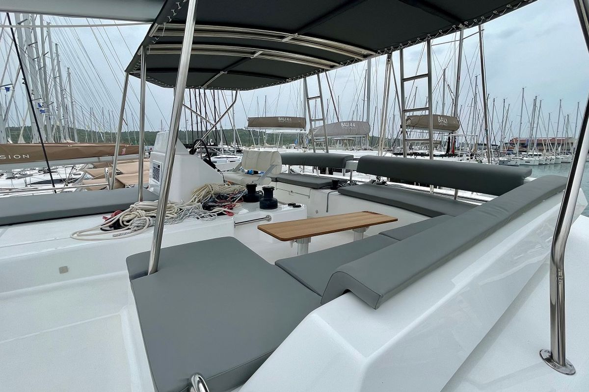 Cockpit of Mojito, a Dufour 48 Catamaran catamaran at Pirovac, Croatia