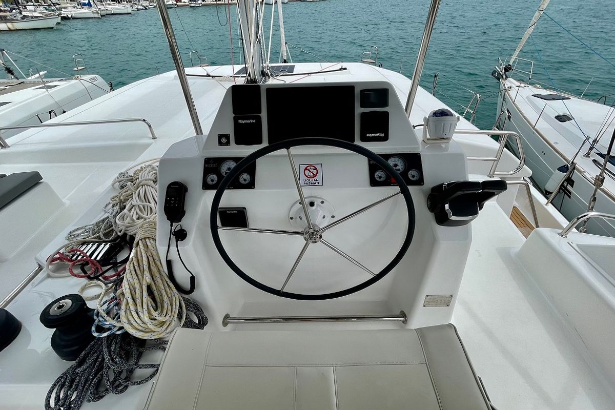 Cockpit of Mojito, a Dufour 48 Catamaran catamaran at Pirovac, Croatia