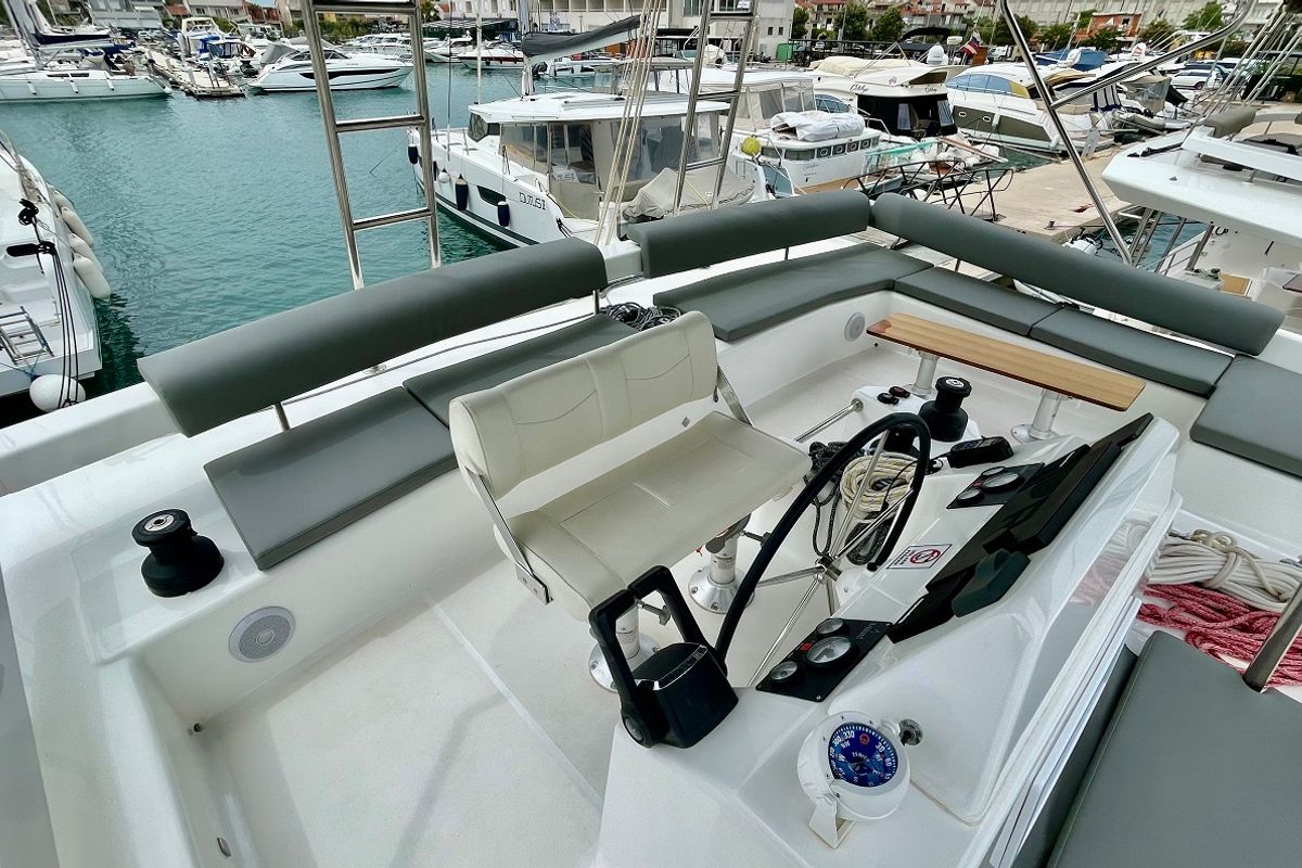 Cockpit of Mojito, a Dufour 48 Catamaran catamaran at Pirovac, Croatia