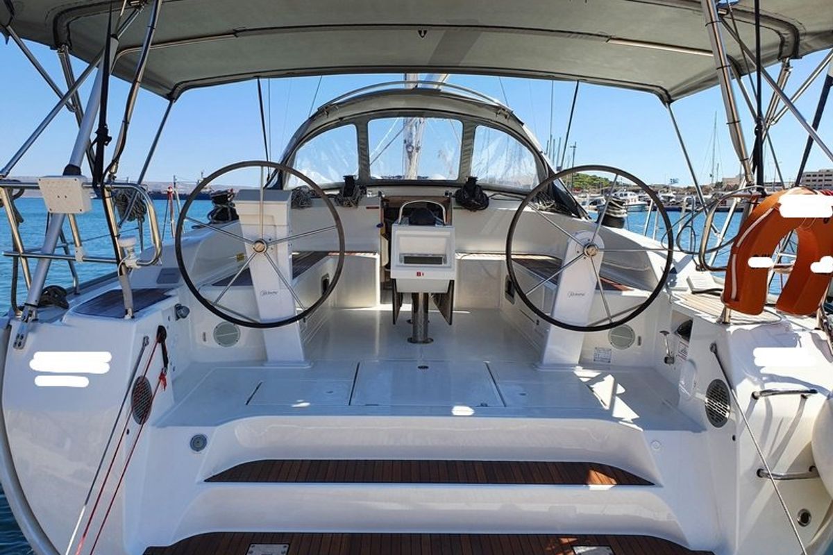Cockpit of Apollon, a Bavaria Cruiser 51 sailboat at Athens, Greece