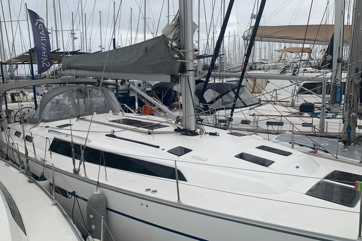 Exterior view of Apollon, a Bavaria Cruiser 51 sailboat at Athens, Greece