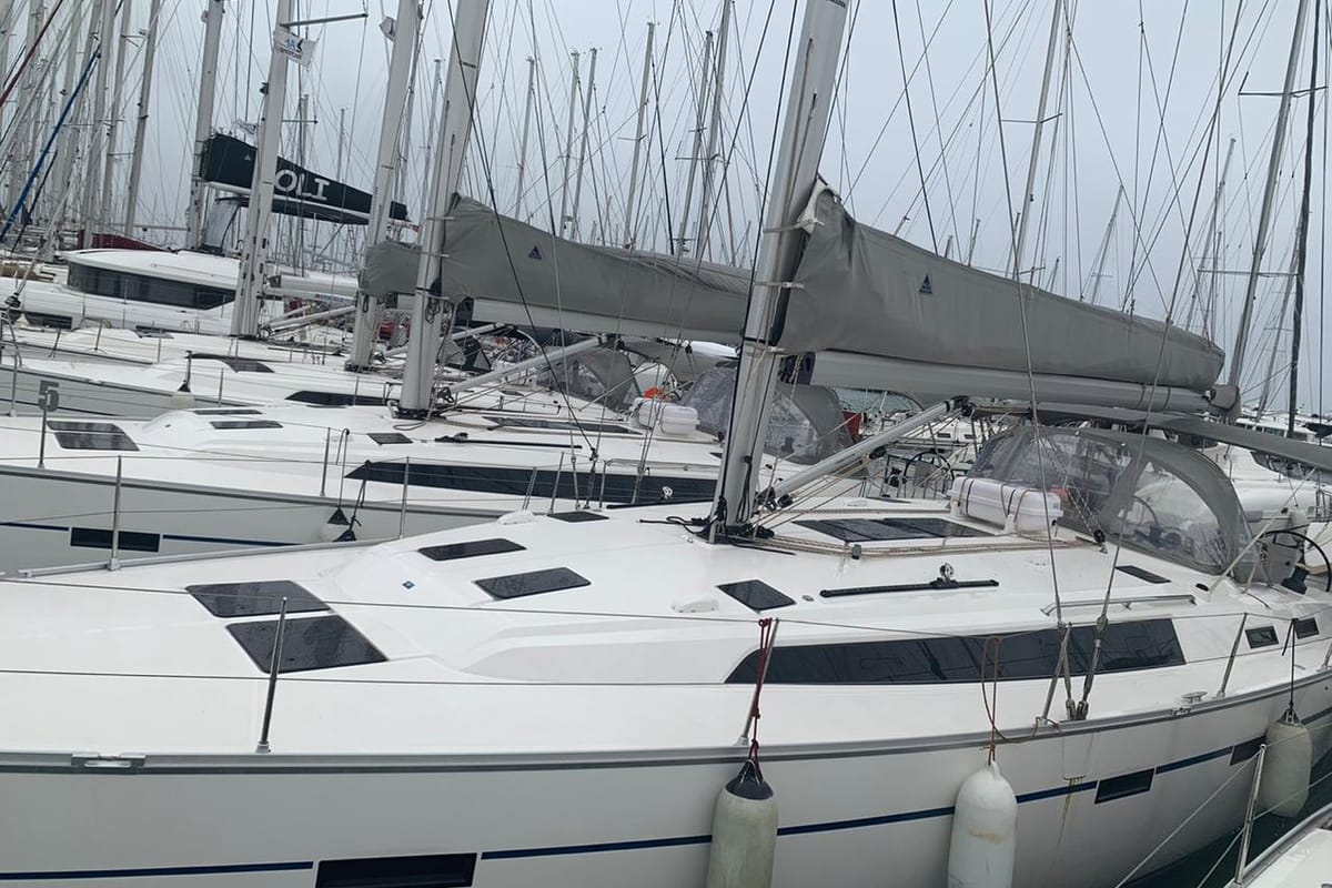 Exterior view of Apollon, a Bavaria Cruiser 51 sailboat at Athens, Greece