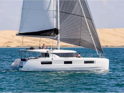 Exterior view of Corfu, a Lagoon 46 catamaran at Benitses, Greece