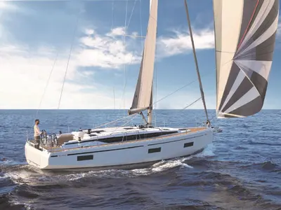 Exterior view of Balarina, a Bavaria C42 sailboat at Municipal Unit of Lefkada, Greece