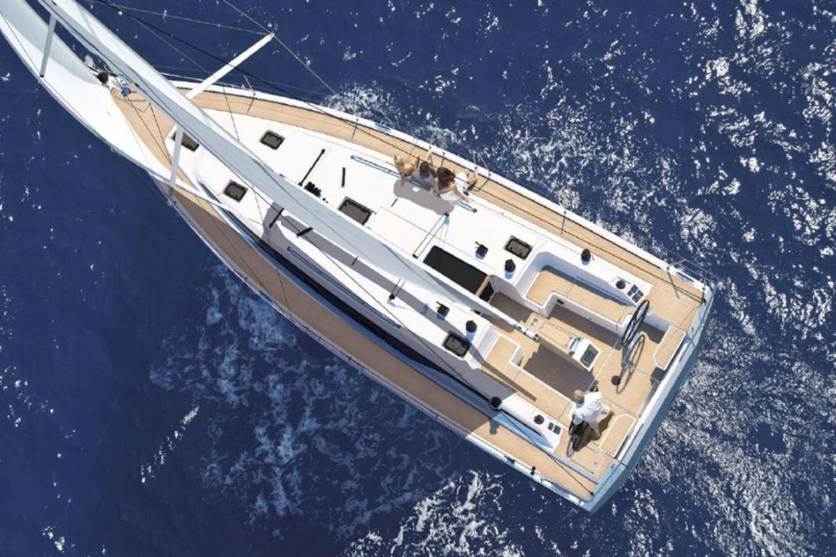 Exterior view of Balarina, a Bavaria C42 sailboat at Municipal Unit of Lefkada, Greece