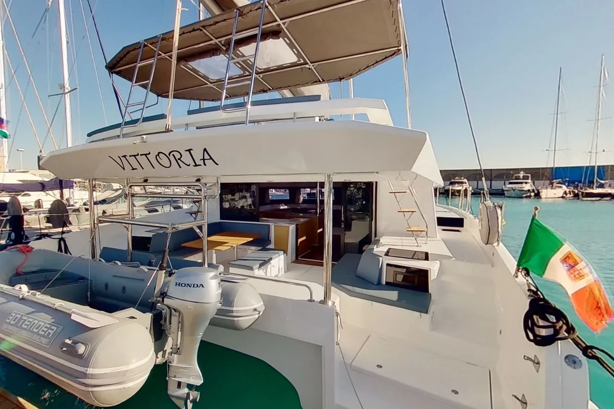 Exterior view of Vittoria, a Dufour 48 Catamaran catamaran at Olbia, Italy