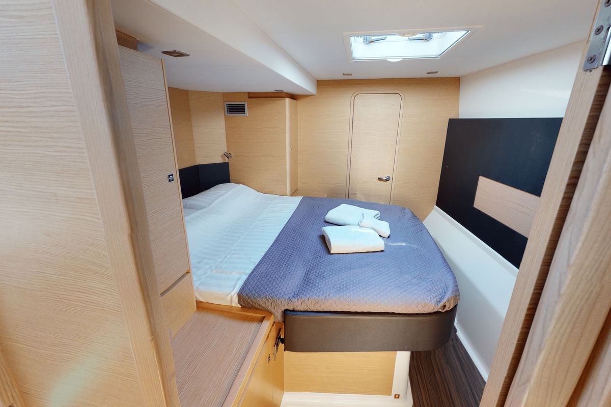 Cabin on Vittoria, a Dufour 48 Catamaran catamaran at Olbia, Italy