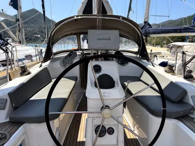 Cockpit of BRIZO, a Bavaria 33 Cruiser sailboat at Municipal Unit of Ellomenos, Greece