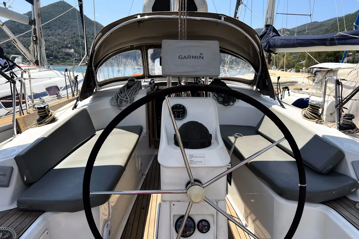 Cockpit of BRIZO, a Bavaria 33 Cruiser sailboat at Municipal Unit of Ellomenos, Greece