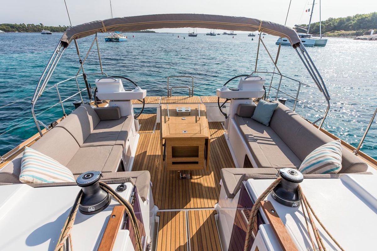 Deck of Notus, a Dufour 520 GL sailboat at Primošten, Croatia