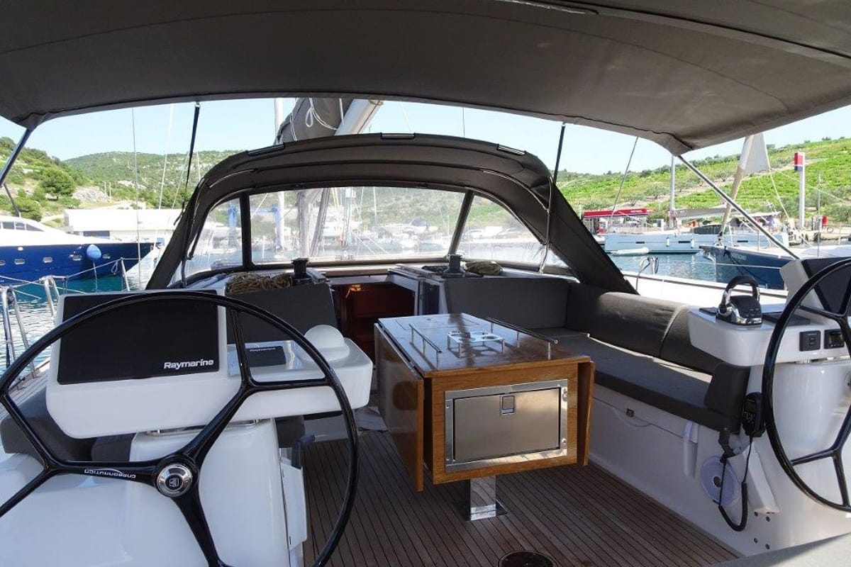 Cockpit of Notus, a Dufour 520 GL sailboat at Primošten, Croatia