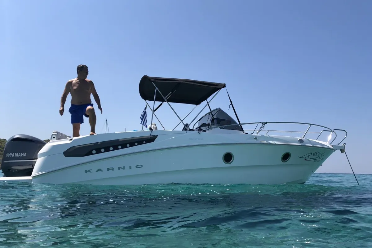 Exterior view of Meliti, a Karnic SL 702 motorboat at Lavreotiki Municipal Unit, Greece