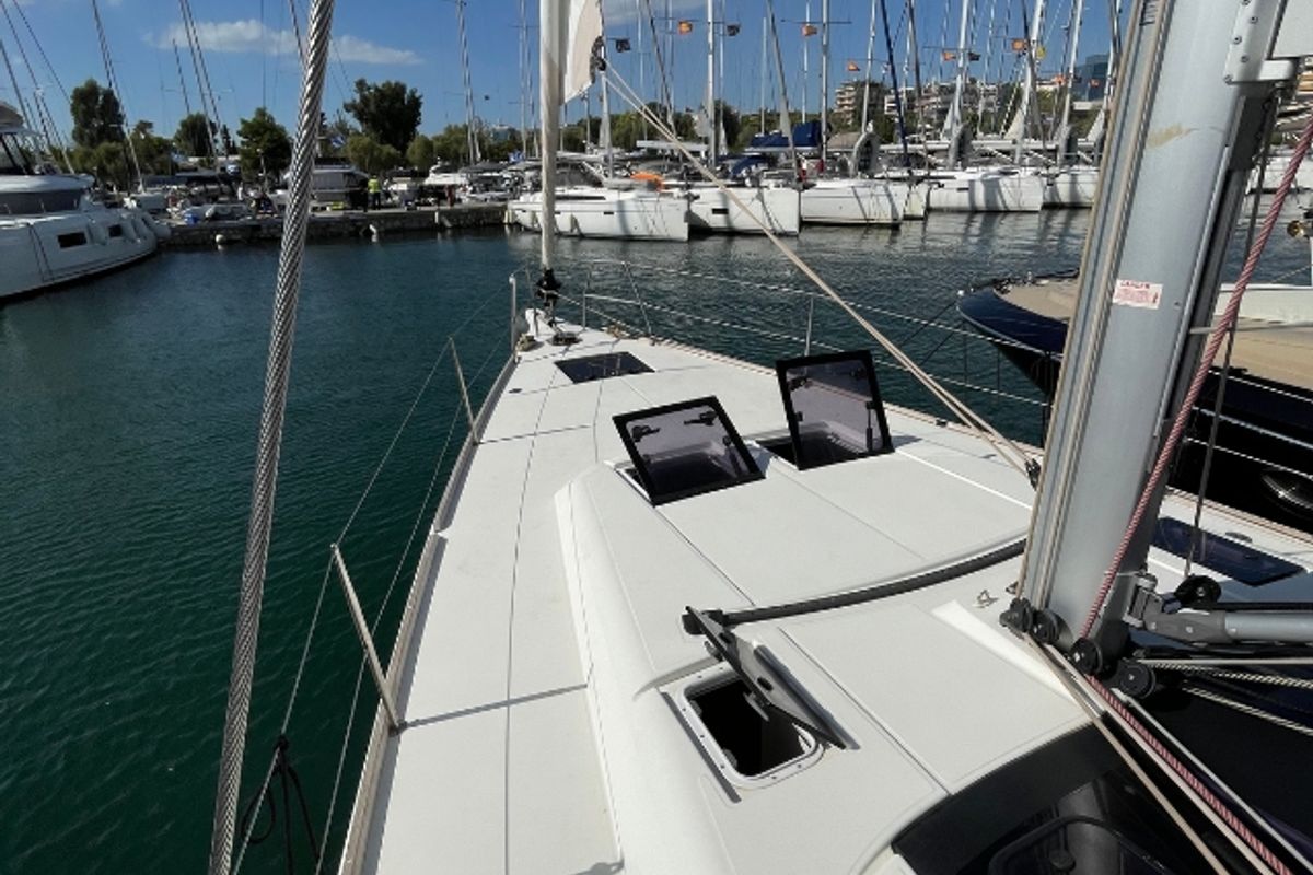Deck of Despoina, a Dufour 460 Grand Large sailboat at Athens, Greece
