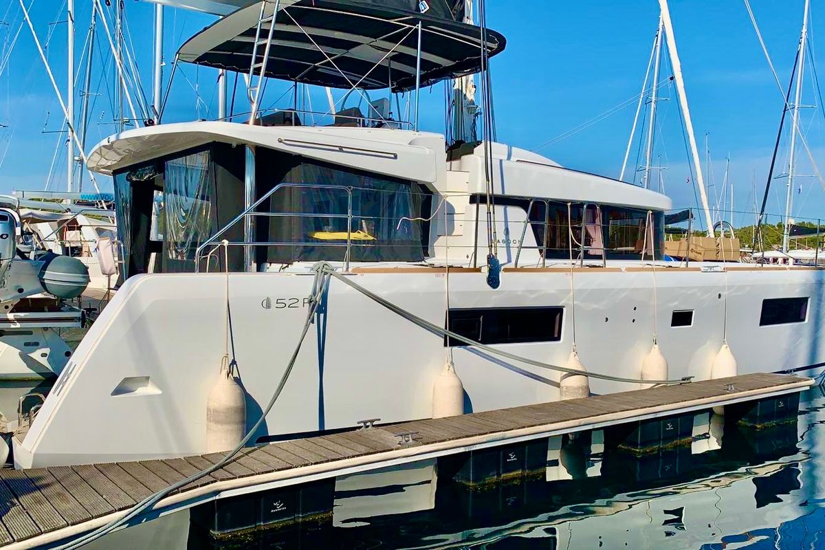 Exterior view of TIGA, a Lagoon 52F catamaran at Grad Šibenik, Croatia