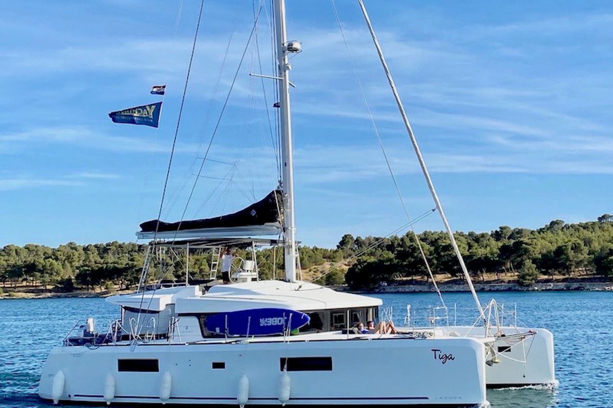 Exterior view of TIGA, a Lagoon 52F catamaran at Grad Šibenik, Croatia