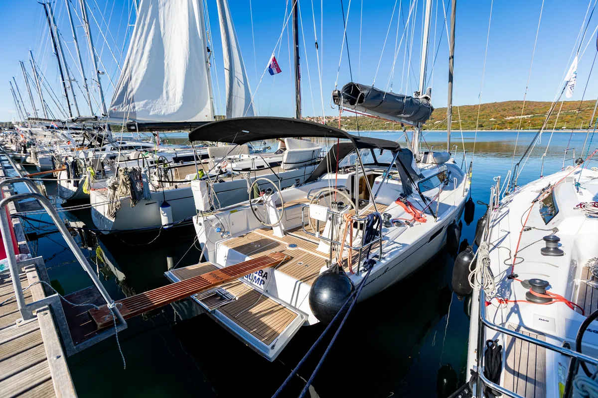Deck of Bubba Gump, a Dehler 38 SQ sailboat at Punat, Croatia