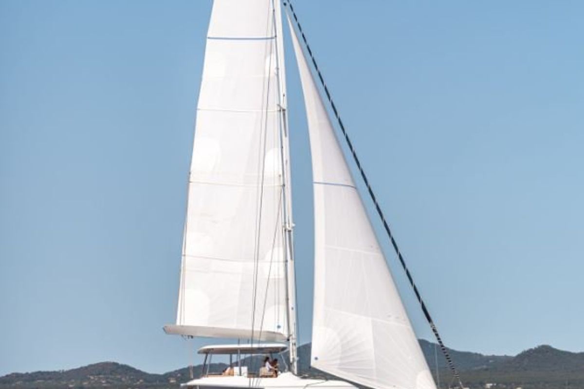 Exterior view of Adel, a Lagoon 55 catamaran at Lavreotiki Municipal Unit, Greece