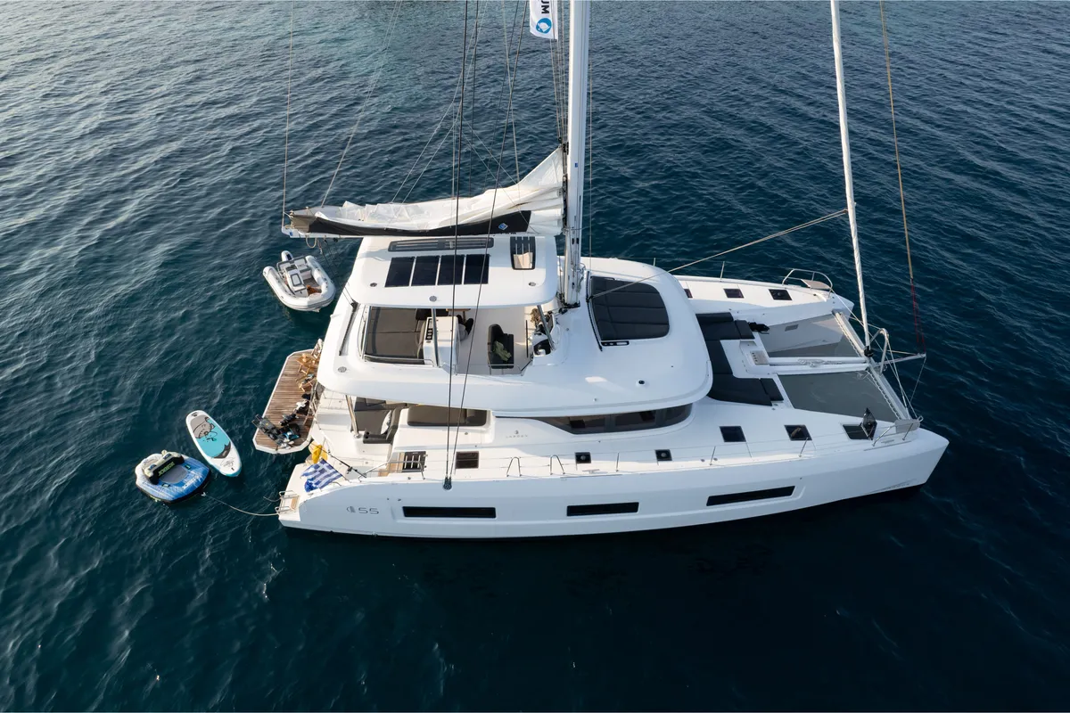 Exterior view of Adel, a Lagoon 55 catamaran at Lavreotiki Municipal Unit, Greece