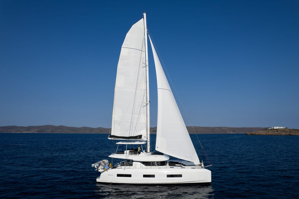 Exterior view of Adel, a Lagoon 55 catamaran at Lavreotiki Municipal Unit, Greece