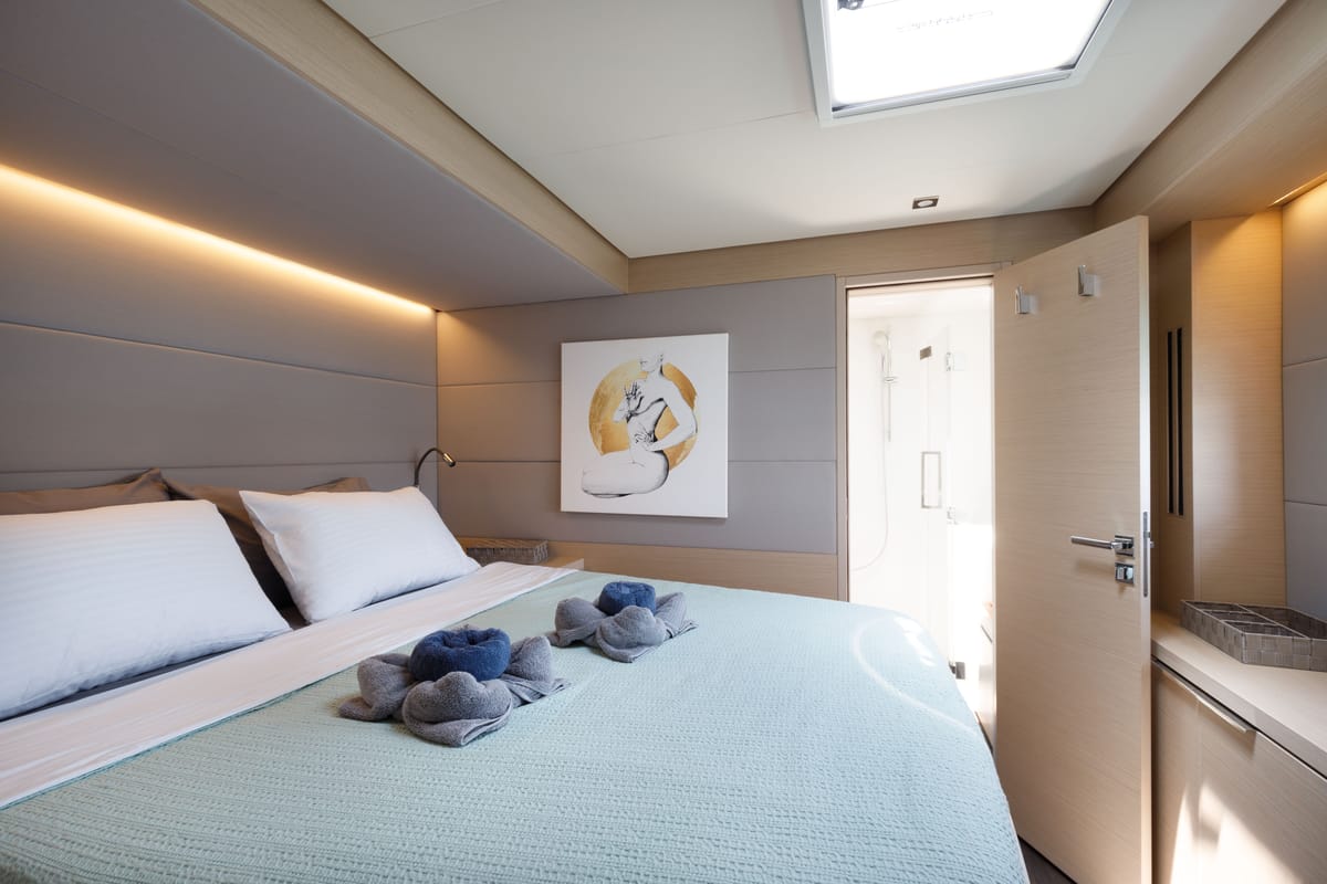 Cabin on Adel, a Lagoon 55 catamaran at Lavreotiki Municipal Unit, Greece