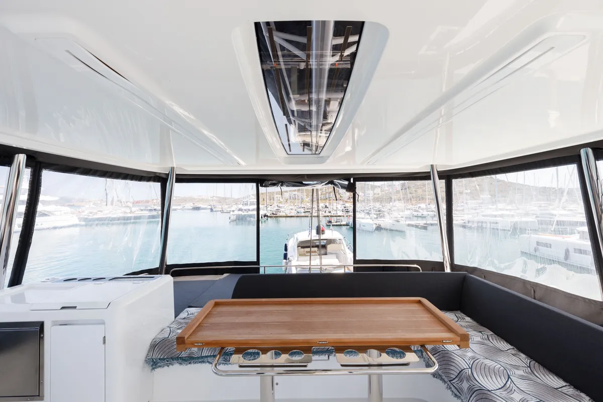 Cockpit of Adel, a Lagoon 55 catamaran at Lavreotiki Municipal Unit, Greece