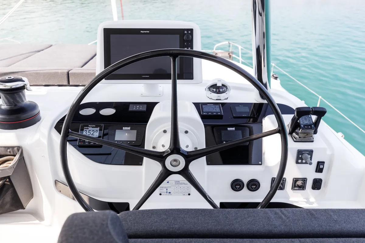Cockpit of Adel, a Lagoon 55 catamaran at Lavreotiki Municipal Unit, Greece