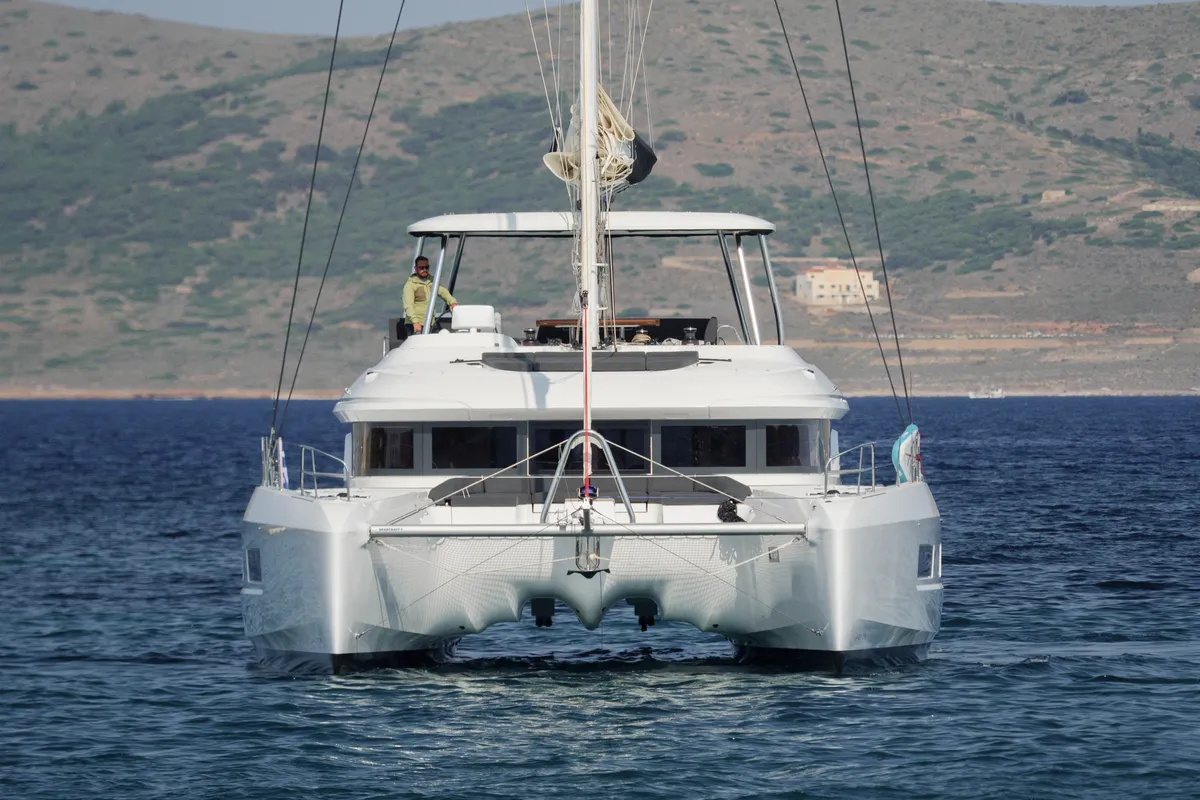 Exterior view of Adel, a Lagoon 55 catamaran at Lavreotiki Municipal Unit, Greece