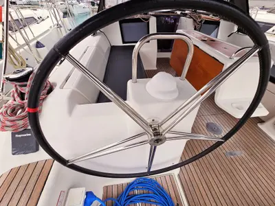 Cockpit of Rubato, a Dufour 460 GL sailboat at Grad Kaštela, Croatia