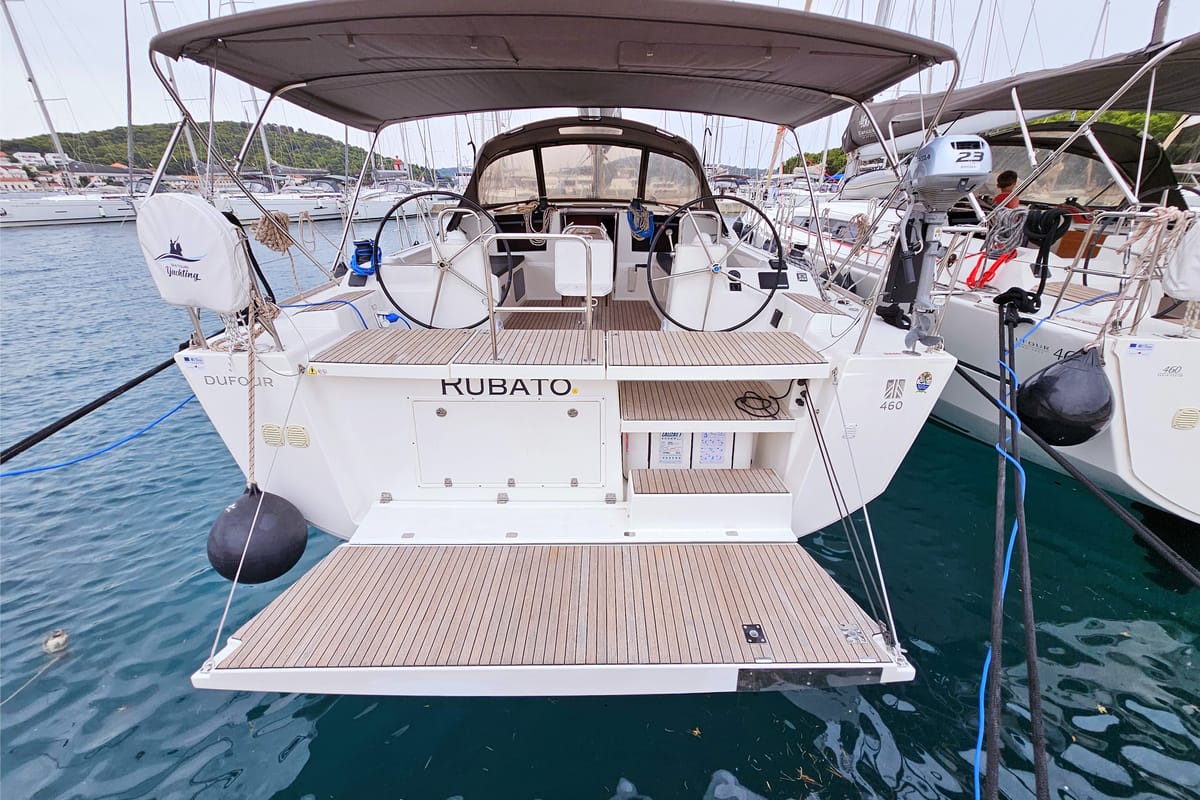 Exterior view of Rubato, a Dufour 460 GL sailboat at Grad Kaštela, Croatia