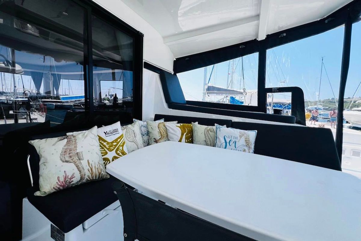 Salon of BANGA, a Lagoon 42 catamaran at Grad Šibenik, Croatia