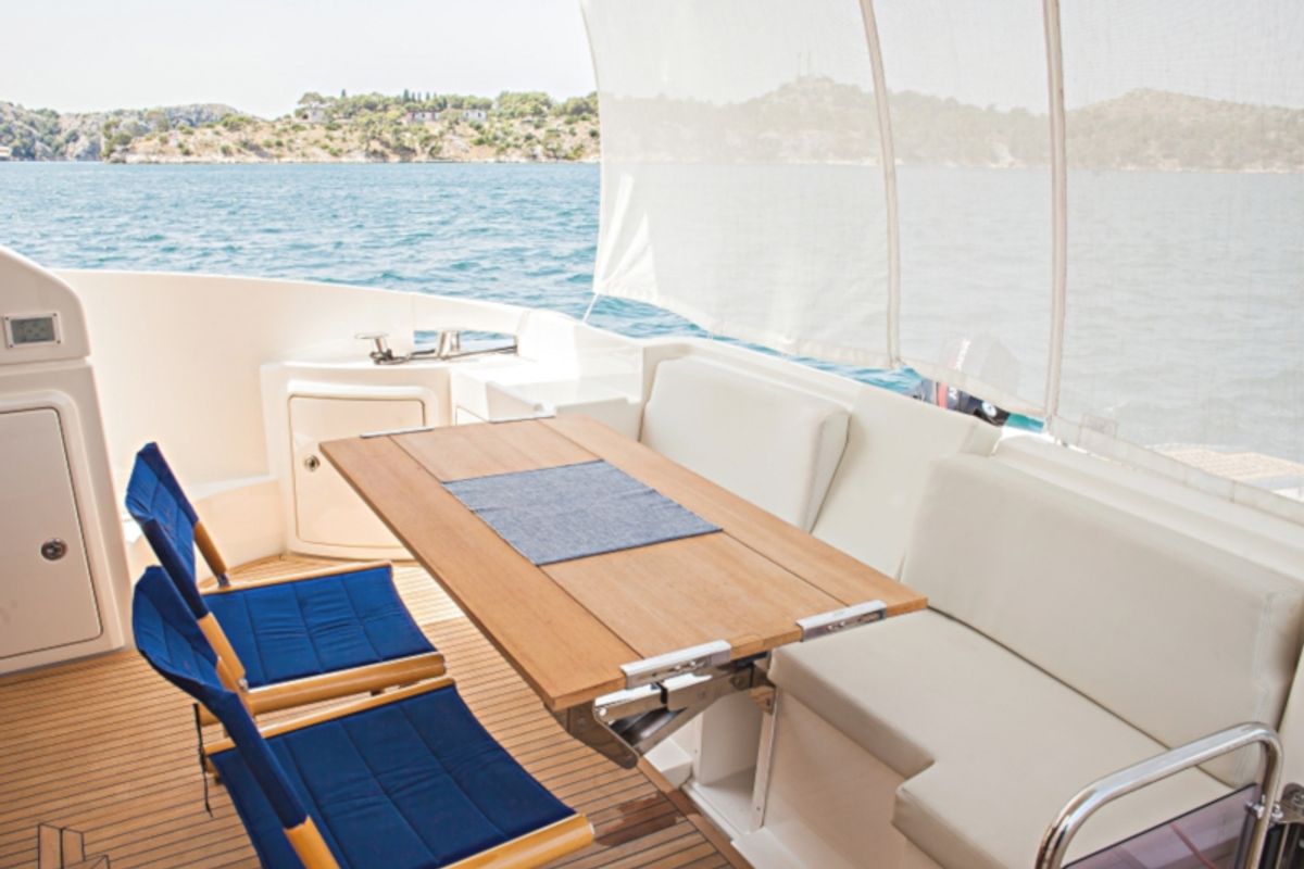 Deck of Lou Ann, a Azimut 43 S motorboat at Seget Donji, Croatia
