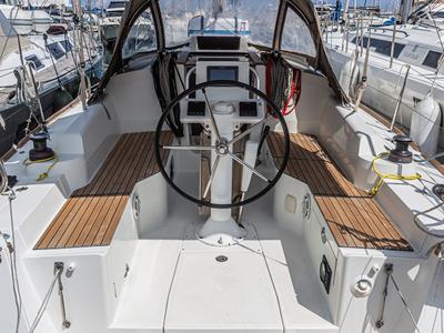 Cockpit of Hija del Viento, a Jeanneau Sun Odyssey 319 sailboat at Palermo, Italy