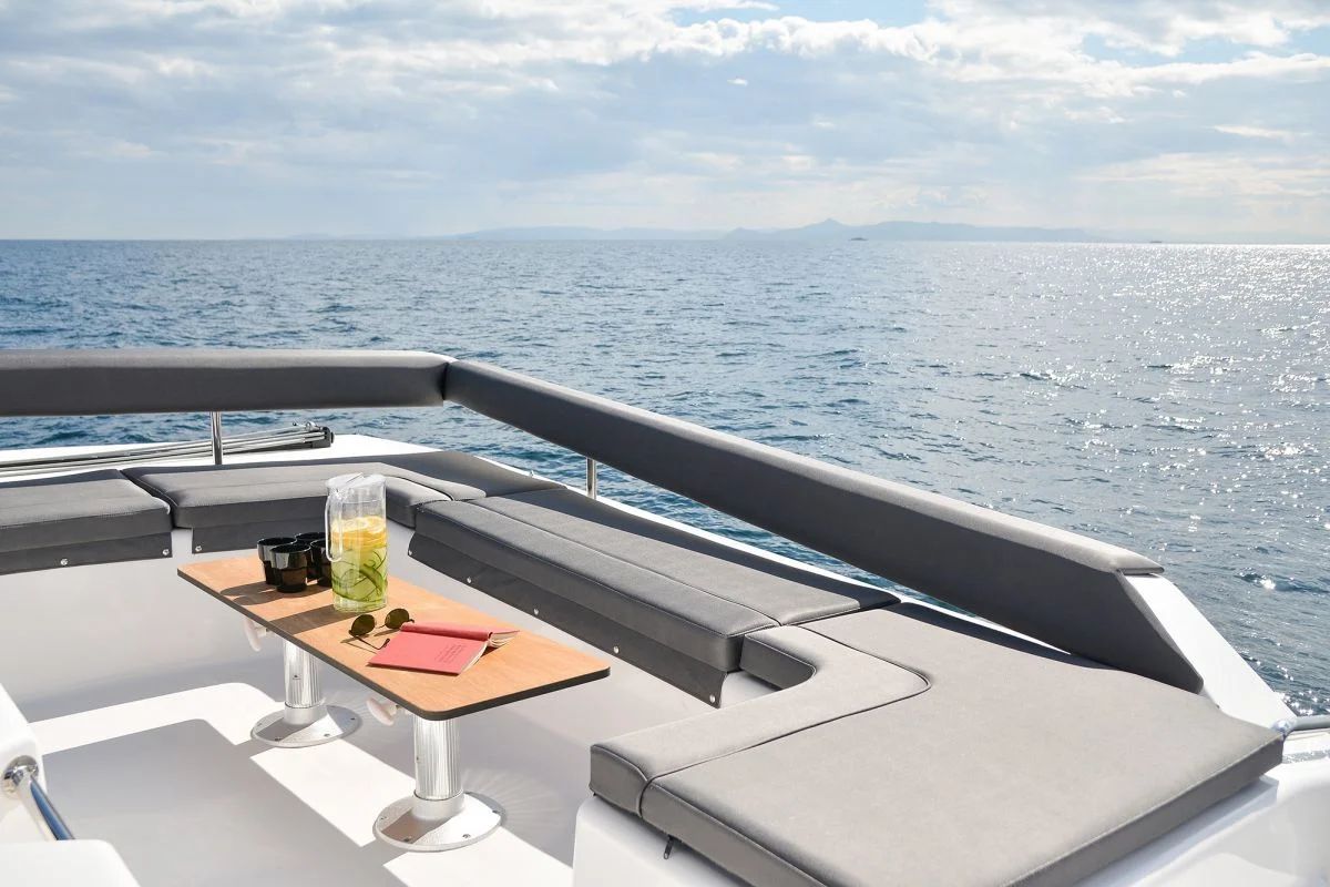 Deck of El Mar, a Dufour 48 Cat catamaran at Sant Antoni de Portmany, Spain