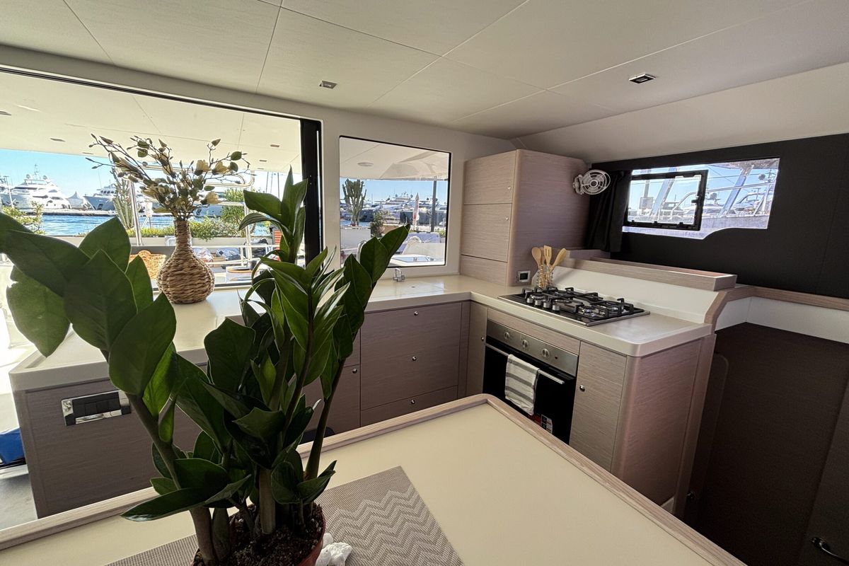 Galley of El Mar, a Dufour 48 Cat catamaran at Sant Antoni de Portmany, Spain
