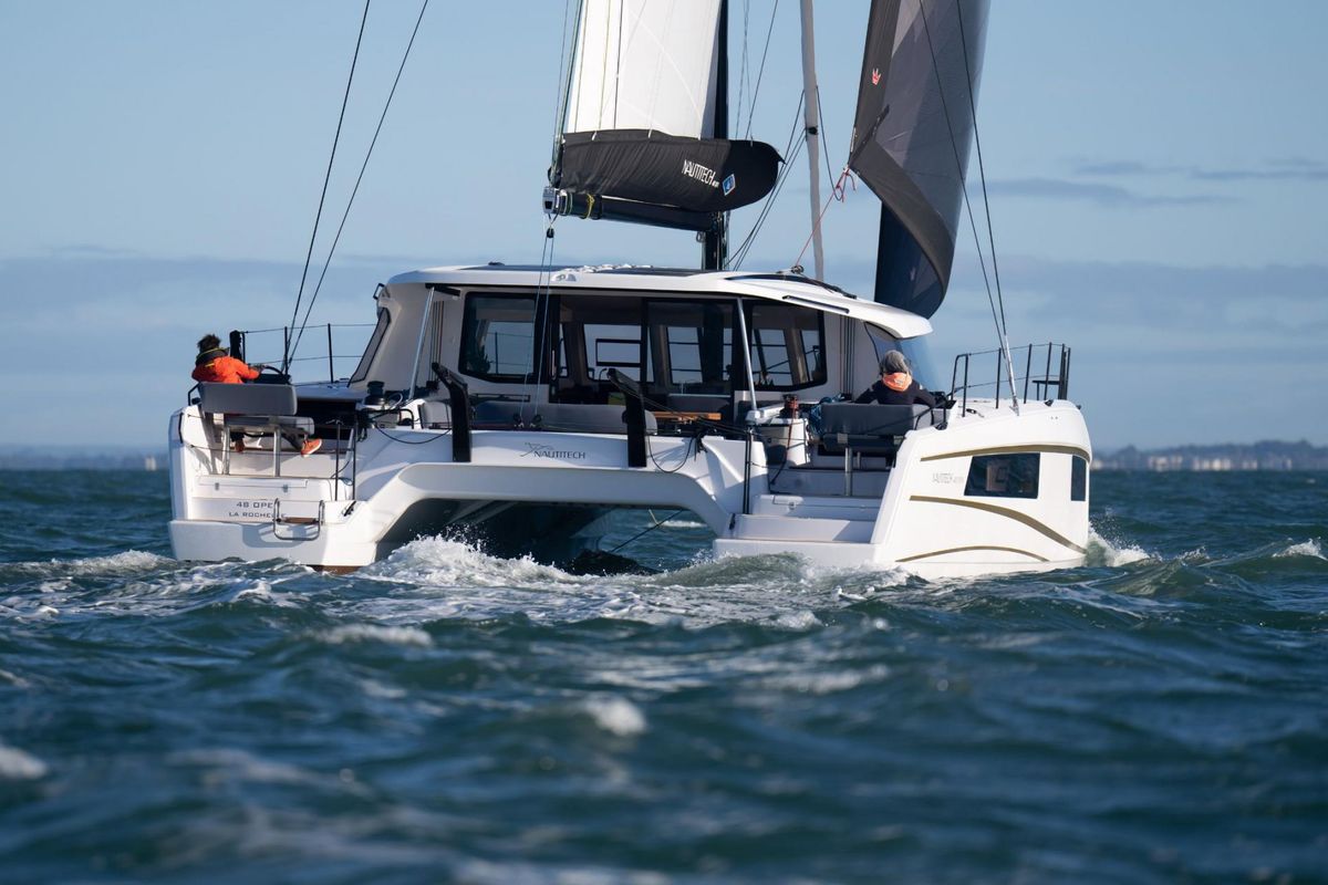 Exterior view of Xenial, a Nautitech 48 Open catamaran at Lavreotiki Municipal Unit, Greece