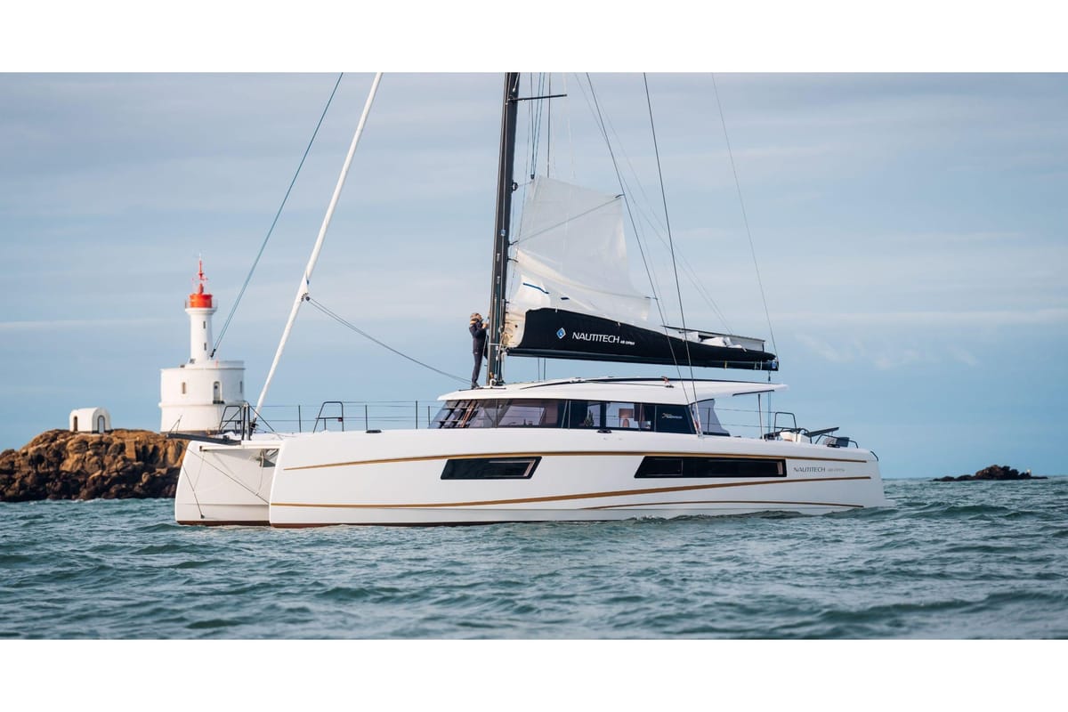 Exterior view of Xenial, a Nautitech 48 Open catamaran at Lavreotiki Municipal Unit, Greece