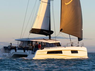 Exterior view of Xenial, a Nautitech 48 Open catamaran at Lavreotiki Municipal Unit, Greece
