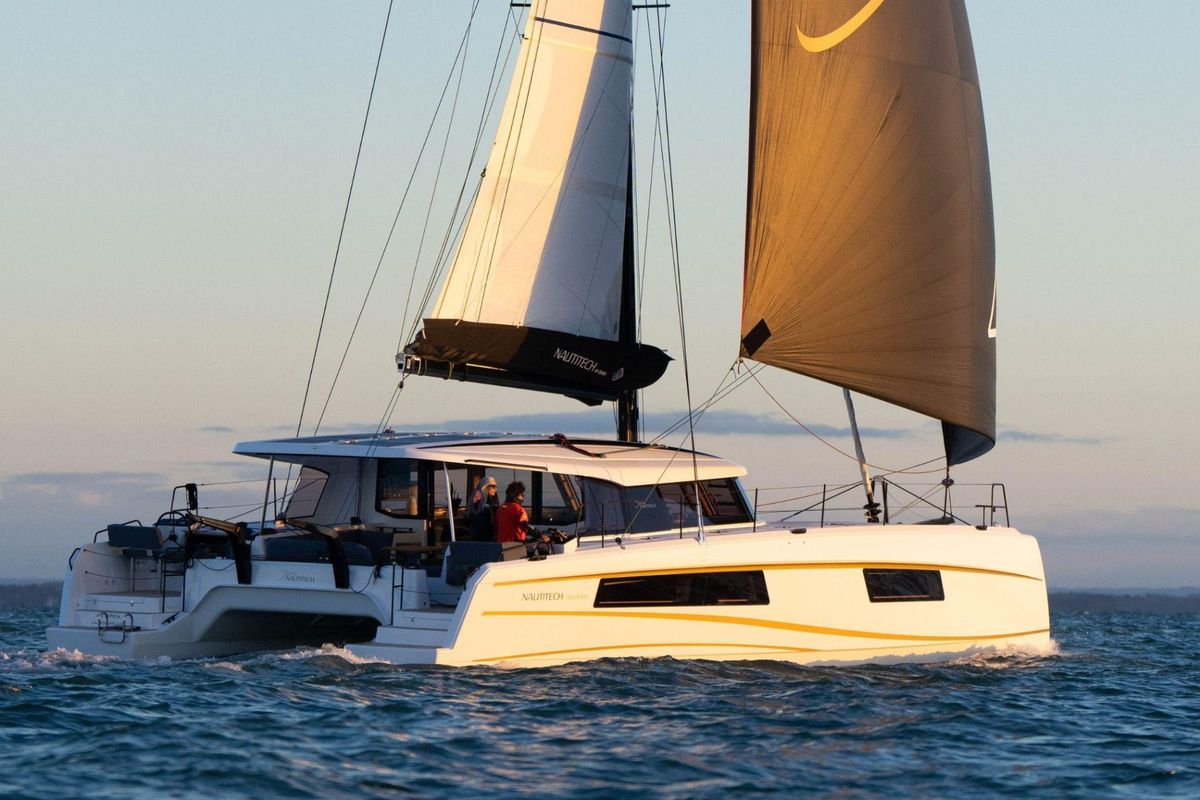 Exterior view of Xenial, a Nautitech 48 Open catamaran at Lavreotiki Municipal Unit, Greece