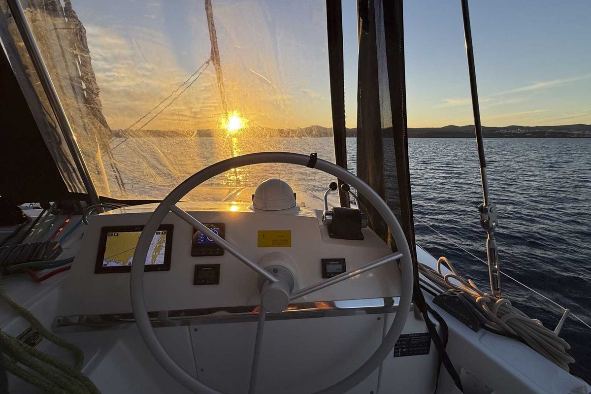 Cockpit of Jeux D'Hiver, a Bali 4.2 catamaran at Lavreotiki Municipal Unit, Greece